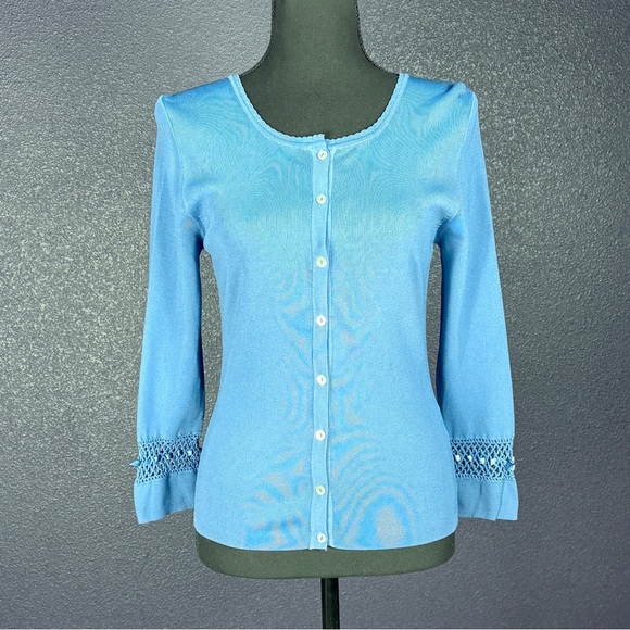 Finity Blue Knit Cardigan with Crochet Details, Size Small - Picture 1 of 7